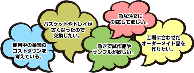 金網のコストダウン、古くなったバスケットやトレイの交換、急ぎで試作品やサンプルがほしい･･･